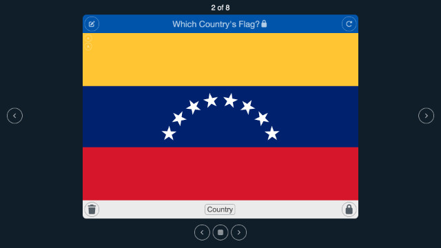 A large, single card with navigation buttons left, right and below.