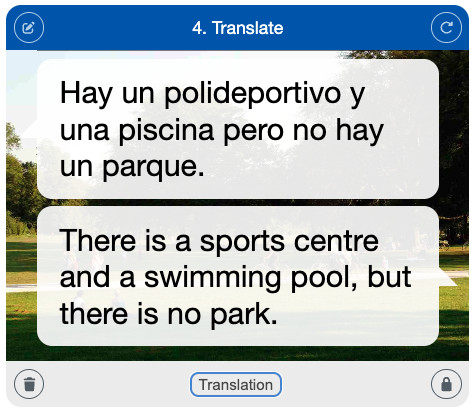 A single Translate card showing a Spanish phrase and its English translation.